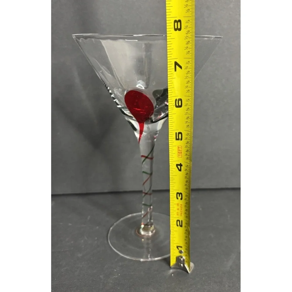 2 Pier 1 Martini Glasses Red Green Teardrop Optic Swirl Stripe 7 5/8